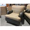 Image 1 : QUALITY EASY CHAIR - NEUTRAL TONE WITH GOLD FLECKED FABRIC - SPINNEYBECK LEATHER & MAPLE HARDWOOD