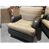 Image 1 : QUALITY EASY CHAIR - NEUTRAL TONE WITH GOLD FLECKED FABRIC - SPINNEYBECK LEATHER & MAPLE HARDWOOD