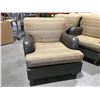 Image 1 : QUALITY EASY CHAIR - NEUTRAL TONE WITH GOLD FLECKED FABRIC - SPINNEYBECK LEATHER & MAPLE HARDWOOD
