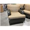Image 1 : QUALITY EASY CHAIR - NEUTRAL TONE WITH GOLD FLECKED FABRIC - SPINNEYBECK LEATHER & MAPLE HARDWOOD