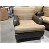 Image 1 : QUALITY EASY CHAIR - NEUTRAL TONE WITH GOLD FLECKED FABRIC - SPINNEYBECK LEATHER & MAPLE HARDWOOD
