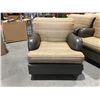 Image 1 : QUALITY EASY CHAIR - NEUTRAL TONE WITH GOLD FLECKED FABRIC - SPINNEYBECK LEATHER & MAPLE HARDWOOD