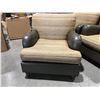 Image 1 : QUALITY EASY CHAIR - NEUTRAL TONE WITH GOLD FLECKED FABRIC - SPINNEYBECK LEATHER & MAPLE HARDWOOD