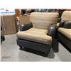 Image 1 : QUALITY EASY CHAIR - NEUTRAL TONE WITH GOLD FLECKED FABRIC - SPINNEYBECK LEATHER & MAPLE HARDWOOD