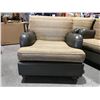 Image 1 : QUALITY EASY CHAIR - NEUTRAL TONE WITH GOLD FLECKED FABRIC - SPINNEYBECK LEATHER & MAPLE HARDWOOD
