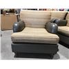 Image 1 : QUALITY EASY CHAIR - NEUTRAL TONE WITH GOLD FLECKED FABRIC - SPINNEYBECK LEATHER & MAPLE HARDWOOD