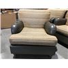 Image 1 : QUALITY EASY CHAIR - NEUTRAL TONE WITH GOLD FLECKED FABRIC - SPINNEYBECK LEATHER & MAPLE HARDWOOD