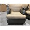 Image 1 : QUALITY EASY CHAIR - NEUTRAL TONE WITH GOLD FLECKED FABRIC - SPINNEYBECK LEATHER & MAPLE HARDWOOD