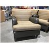 Image 1 : QUALITY EASY CHAIR - NEUTRAL TONE WITH GOLD FLECKED FABRIC - SPINNEYBECK LEATHER & MAPLE HARDWOOD