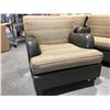 Image 1 : QUALITY EASY CHAIR - NEUTRAL TONE WITH GOLD FLECKED FABRIC - SPINNEYBECK LEATHER & MAPLE HARDWOOD
