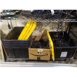 SHELF OF ASSORTED POWER CORDS & STORAGE TOTES