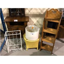 SHELVING UNIT (47 X 14 X 9"), SIDE WICKER TABLE, LAMP SHADE, & STAND