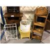 Image 1 : SHELVING UNIT (47 X 14 X 9"), SIDE WICKER TABLE, LAMP SHADE, & STAND