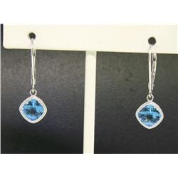 18k White Gold Cushion Cut Blue Topaz Bezel Milgrain Dangle Drop Earrings