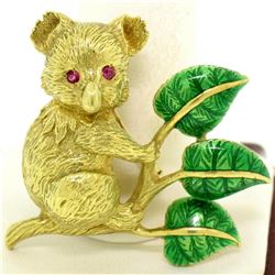 Vintage 18k Gold Detailed Koala Brooch Pin w/ Ruby Eyes & Green Enamel Leaves