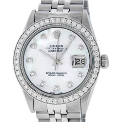 Rolex Mens Stainless Steel Mother Of Pearl Diamond 36MM Datejust Wristwatch