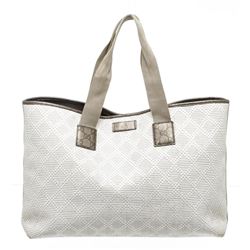 Gucci White Metallic Olive Green Straw Shopper Tote Bag