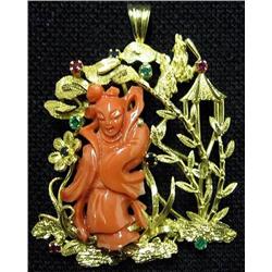 Oriental 14k gold carved coral pin/pend