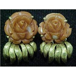 14k gold carved coral earrings; flower 