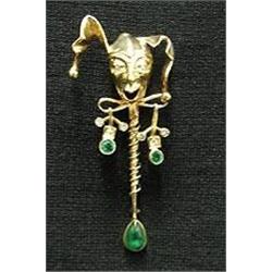 14k gold; emerald and diamond jester pi