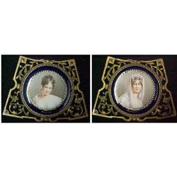 Two hand painted portraits in brass fra