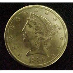 United States 1886 5 dollar gold piece;