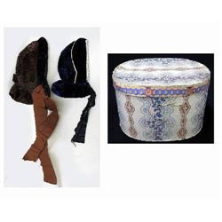 Victorian bandbox and two cloth bonnets