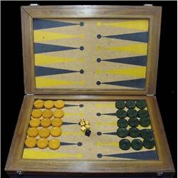 Backgammon game; folding hinged mahogan
