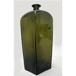 Blown glass bottle; dark green; square 