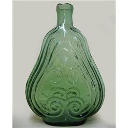 Blown glass flask; green scroll pint; o