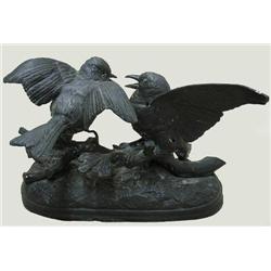 Spelter sculpture of birds on a limb; s