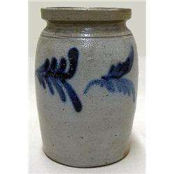 Stoneware crock with cobalt slip decora