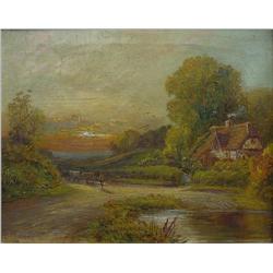 V. Pownall oil on canvas; farm scene; E