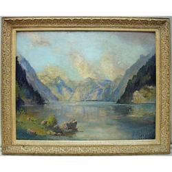 F. Schiess oil on board of mountain lak