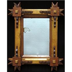 Tramp Art framed mirror; mixed woods; e