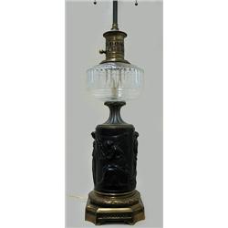 Metal and glass lamp; glass font over m