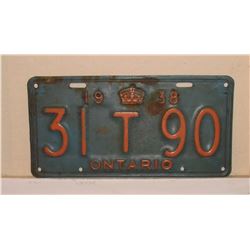 Antique Canada Ontario 1938 metal licence original colours - couleurs originales Ontario plaque 1938