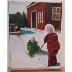 Robert A. Langdon original Winter sleigh painting - peinture originale 2 freres avec traineau