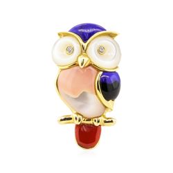 0.04 ctw Diamond and Multi-colored Gemstone Owl Pin - 14KT Yellow Gold