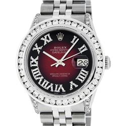 Rolex Mens Stainless Steel Red Vignette Roman Diamond Datejust Wristwatch With W