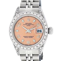 Rolex Ladies Stainless Steel Quickset Salmon Diamond Lugs Datejust Wristwatch