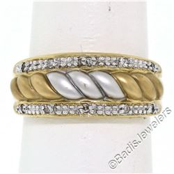 14kt Yellow and White Gold Dual Row Diamond and Matte Ribbed Dome Band Ring