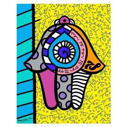 Romero Britto  Hamsa Yellow Down  Hand Signed Giclee on Canvas; Authenticated