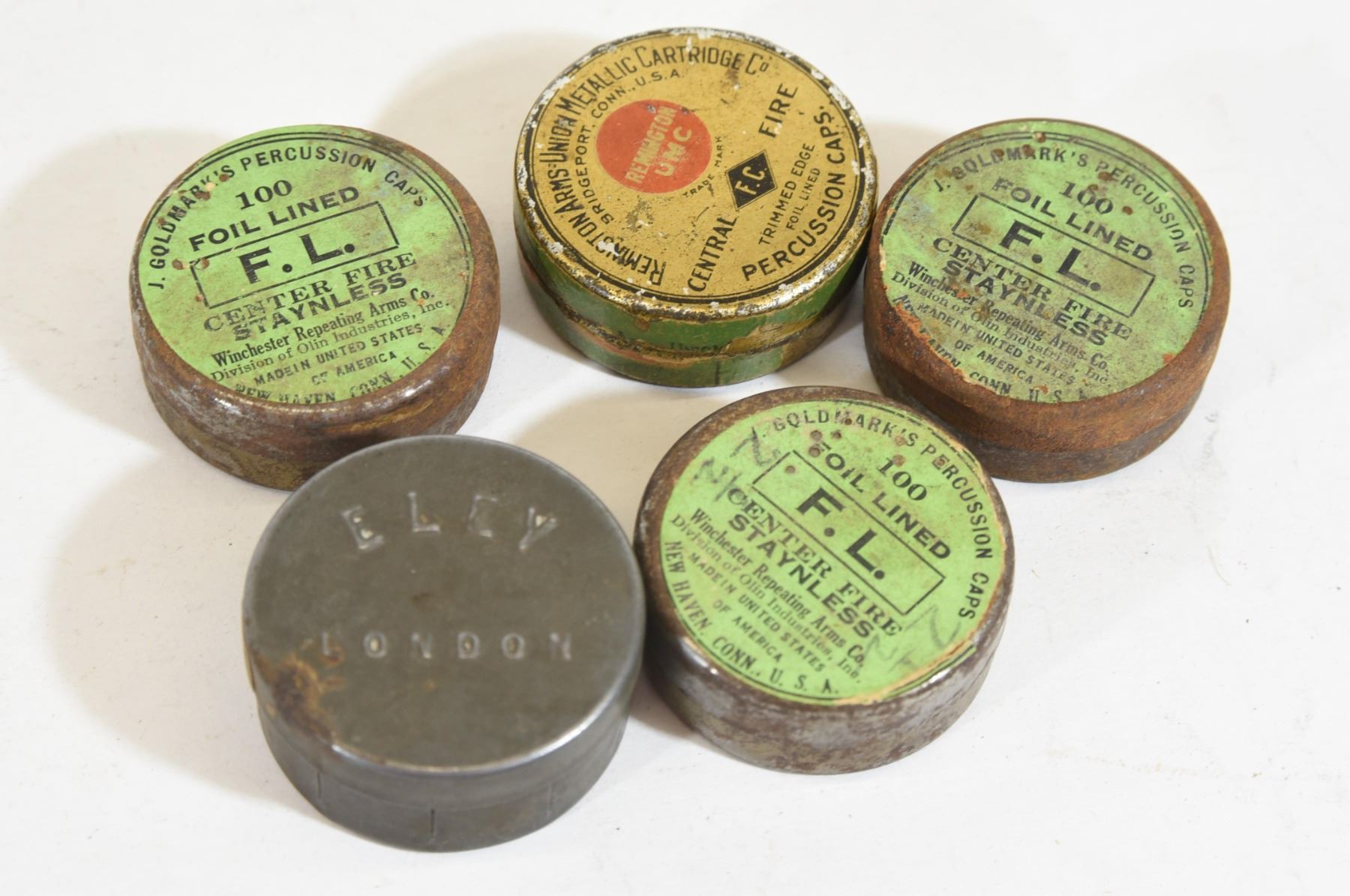 Lot Of 12 Misc Cap Tins By Various Makers Including Umc Eley Bros Goldmark S Winchester And R Lot Of 12 Misc Cap Tins By Various Makers Including Umc Eley Bros Goldmark S Winchester And R