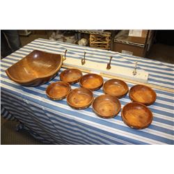 Large Wooden Bowl, 8 Smaller Bowls and Coat Hanger