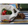 Image 5 : Vintage Suitcase, Christmas Related Items, and Plastic Tub with Lid