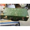 Image 6 : Vintage Suitcase, Christmas Related Items, and Plastic Tub with Lid