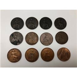 Lot Of 12 1880-1967 United Kingdom One Penny Coins