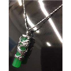 Asian Dragon Jade Cylindrical Pendant On 925 Necklace