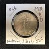 Image 1 : 1936 USA WALKING LIBERTY SILVER HALF DOLLAR (DENVER MINTED)